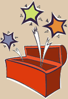 Activity Kit cartoon drawing - red box with stars leaping out